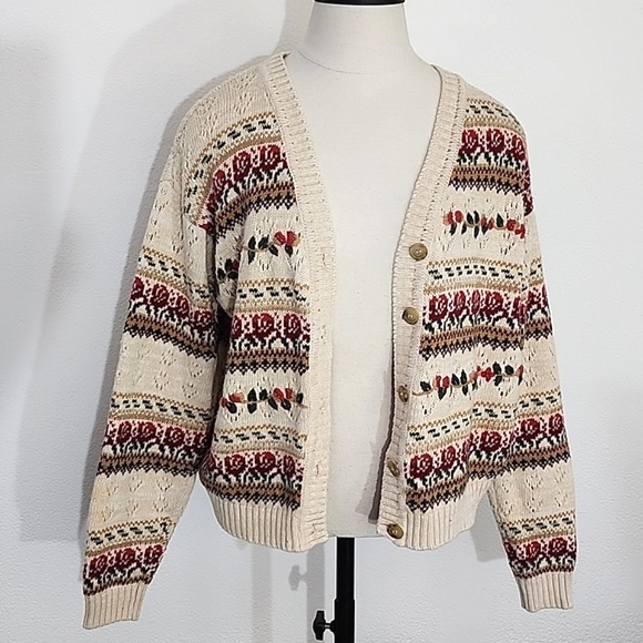 American Vintage Cardigan Cotton Blend Grannycore Floral by BUGC Cream Size L - Picture 3 of 14